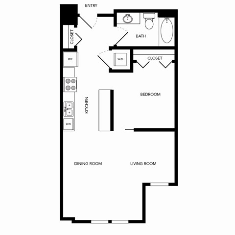Floor plan for 1 bed, 1 bath, 679 sqft